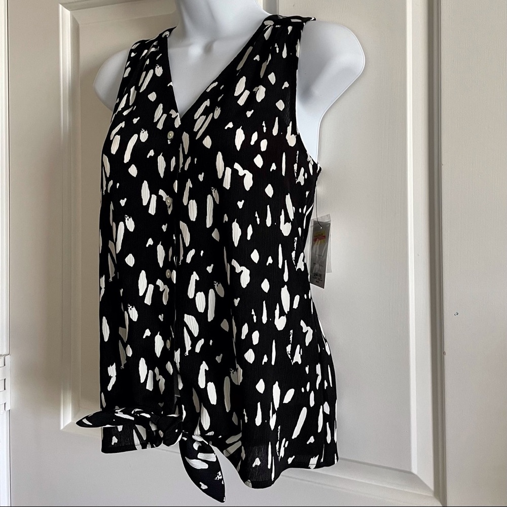 Nine West Black & White Chiffon Top with Tie at Waist NWT